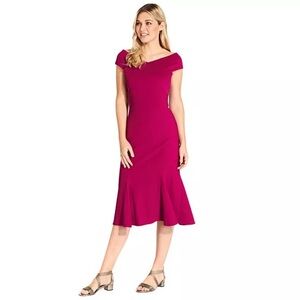 Adrianna Papell Off-Shoulder Midi Dress in Fuchsia